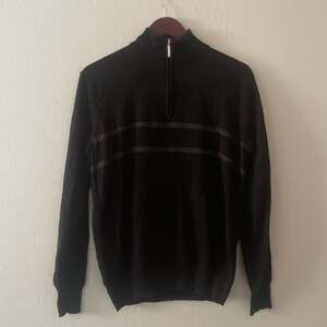 Geoffrey Beene Quarter-Zip Pullover Sweater, Black with Grey Stripes, Size S